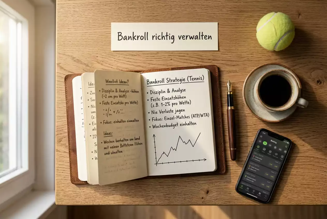 Bankroll-Management Tenniswetten – Mann plant Einsätze am Schreibtisch mit Notizbuch