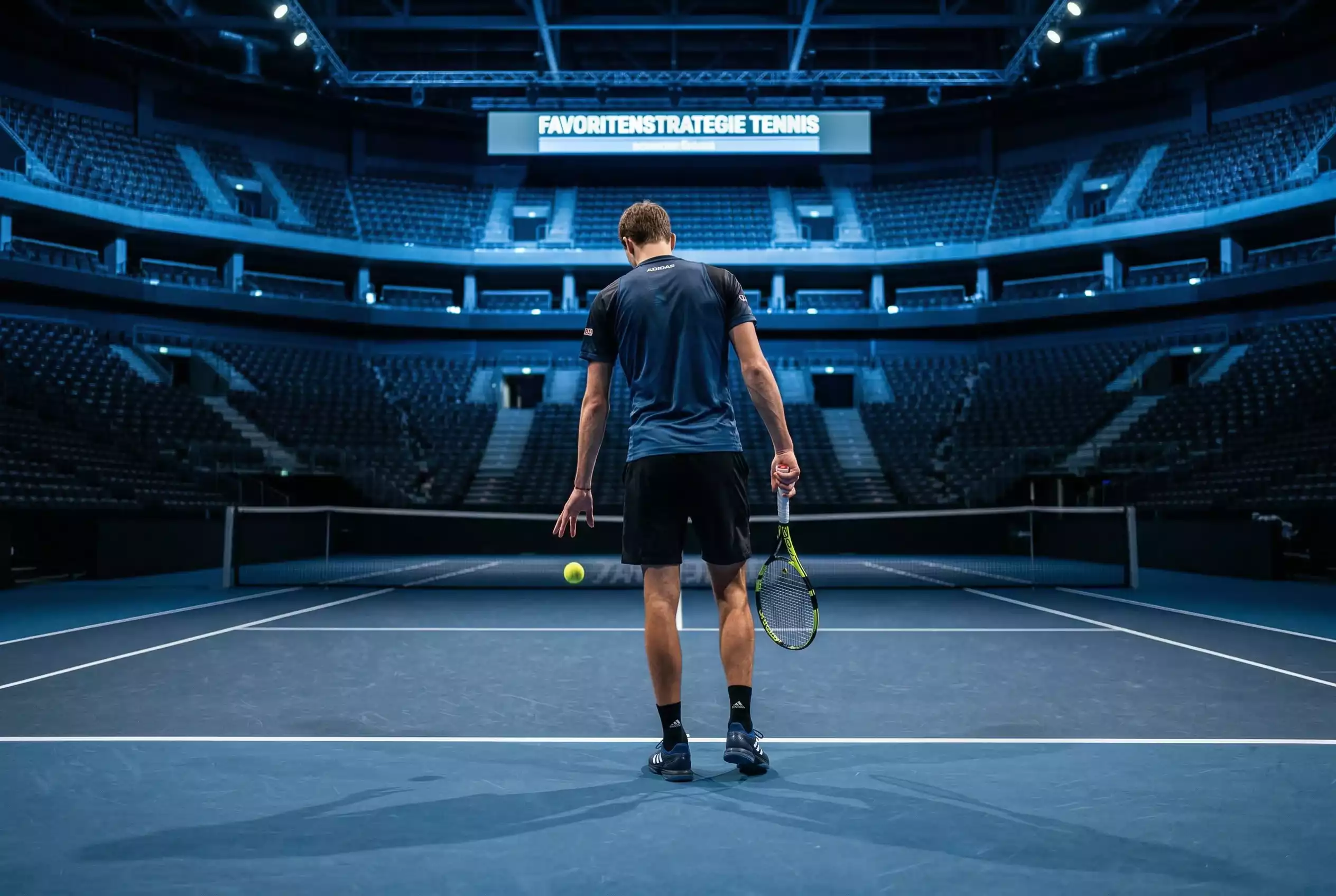 Weltklasse-Tennisspieler konzentriert vor dem Aufschlag auf Hartplatz – Favoritenstrategie Tenniswetten