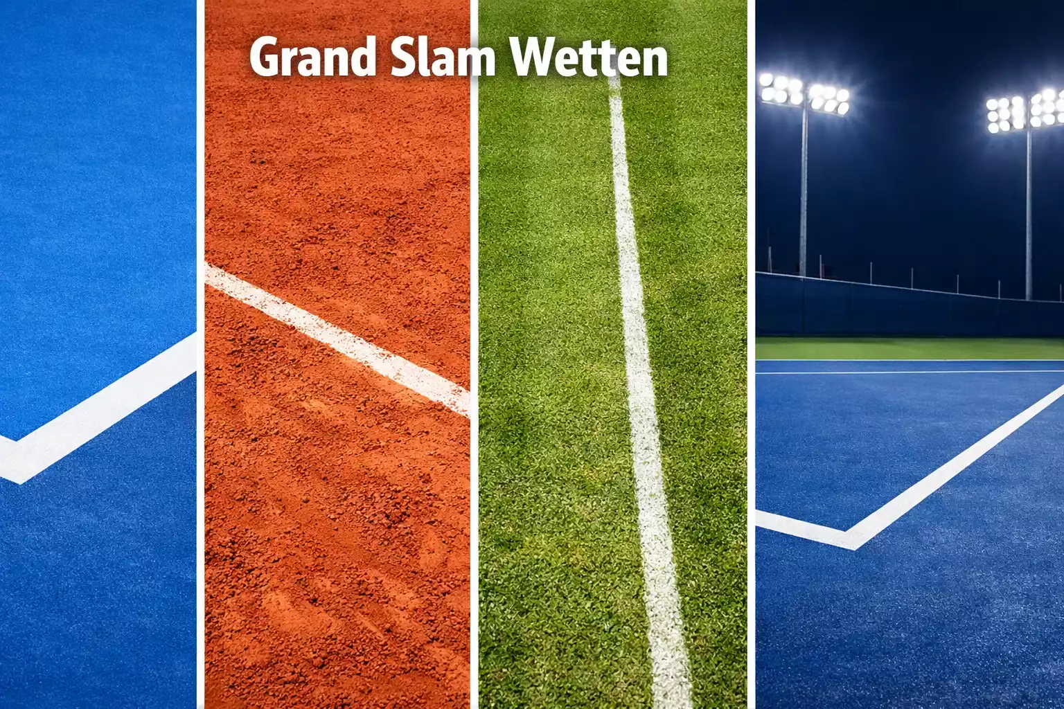 Vier verschiedene Tennisplatz-Beläge nebeneinander symbolisch für die Grand Slams – Grand-Slam-Wetten