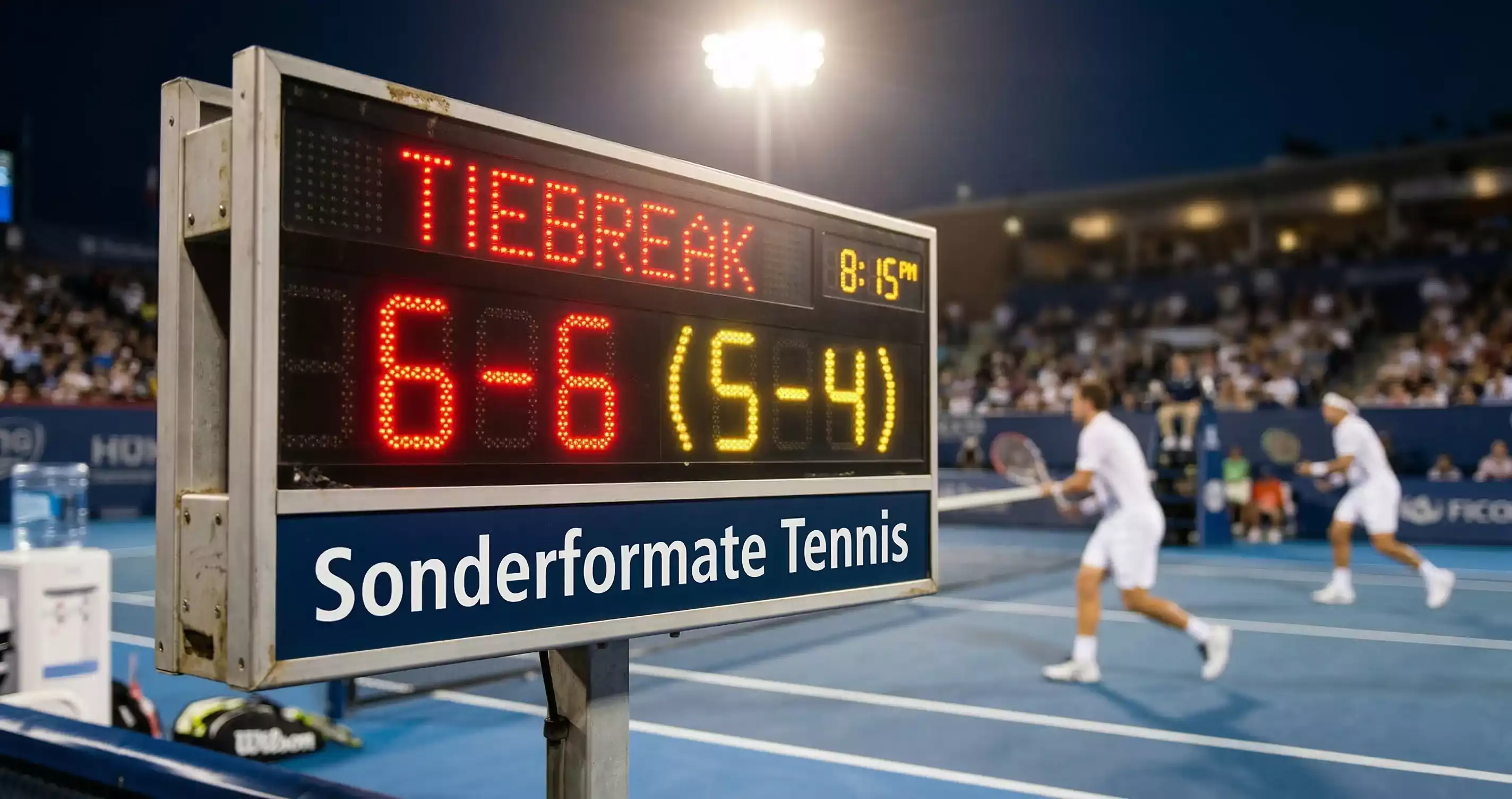 Nahaufnahme einer Anzeigetafel mit Tiebreak-Spielstand bei einem Tennismatch – Sonderformate Tennis-Wetten
