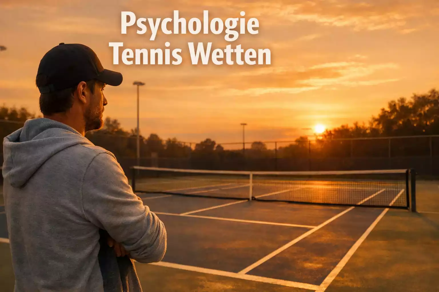Nachdenkliche Person mit verschränkten Armen blickt auf einen Tennisplatz – Psychologie bei Tennis-Wetten