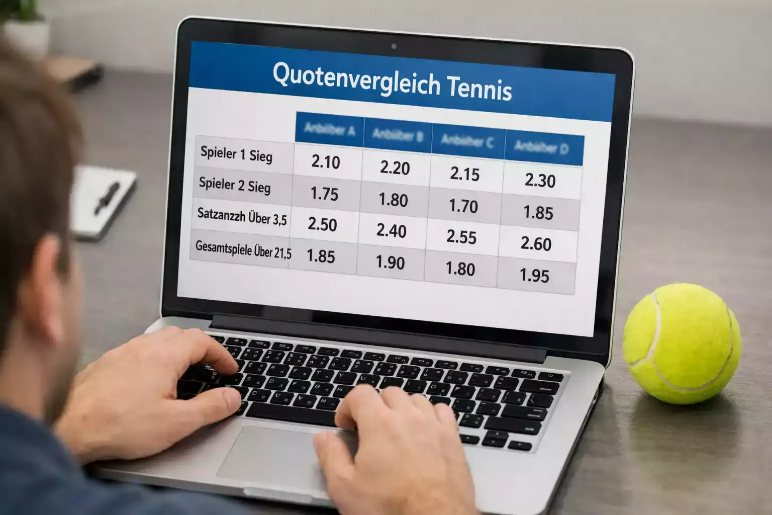 Person am Laptop vergleicht Quoten mit einem Tennisball auf dem Schreibtisch – Quotenvergleich Tennis