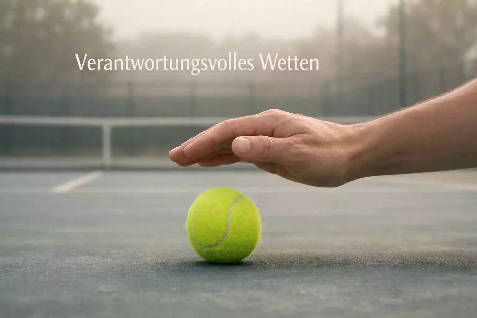 Schützende Hand über einem Tennisball auf einem ruhigen Platz – Verantwortungsvolles Wetten bei Tennis