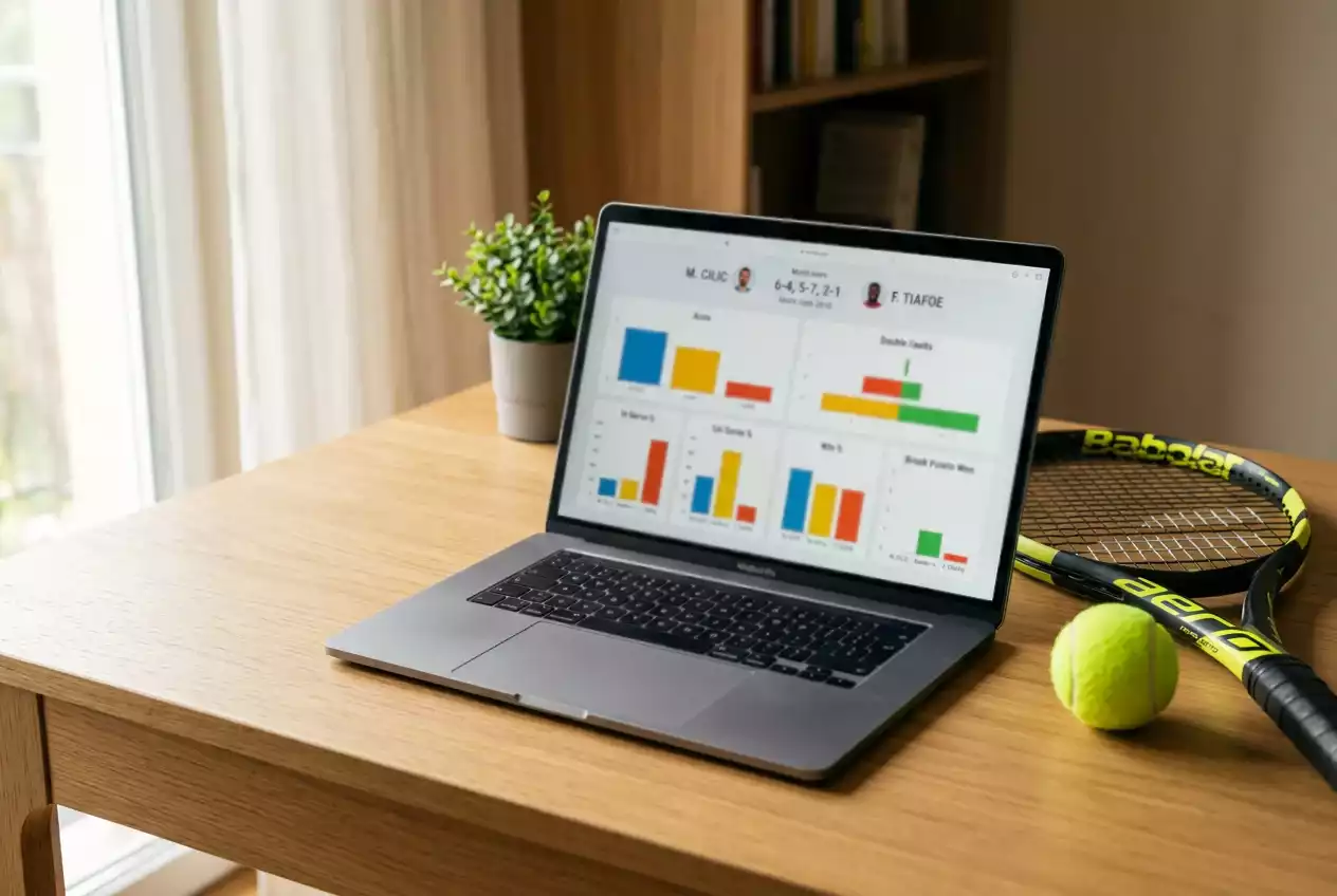 Sportwetten Tennis Tipps — datenbasierte Analyse mit Statistiken auf einem Laptop neben einem Tennisschläger