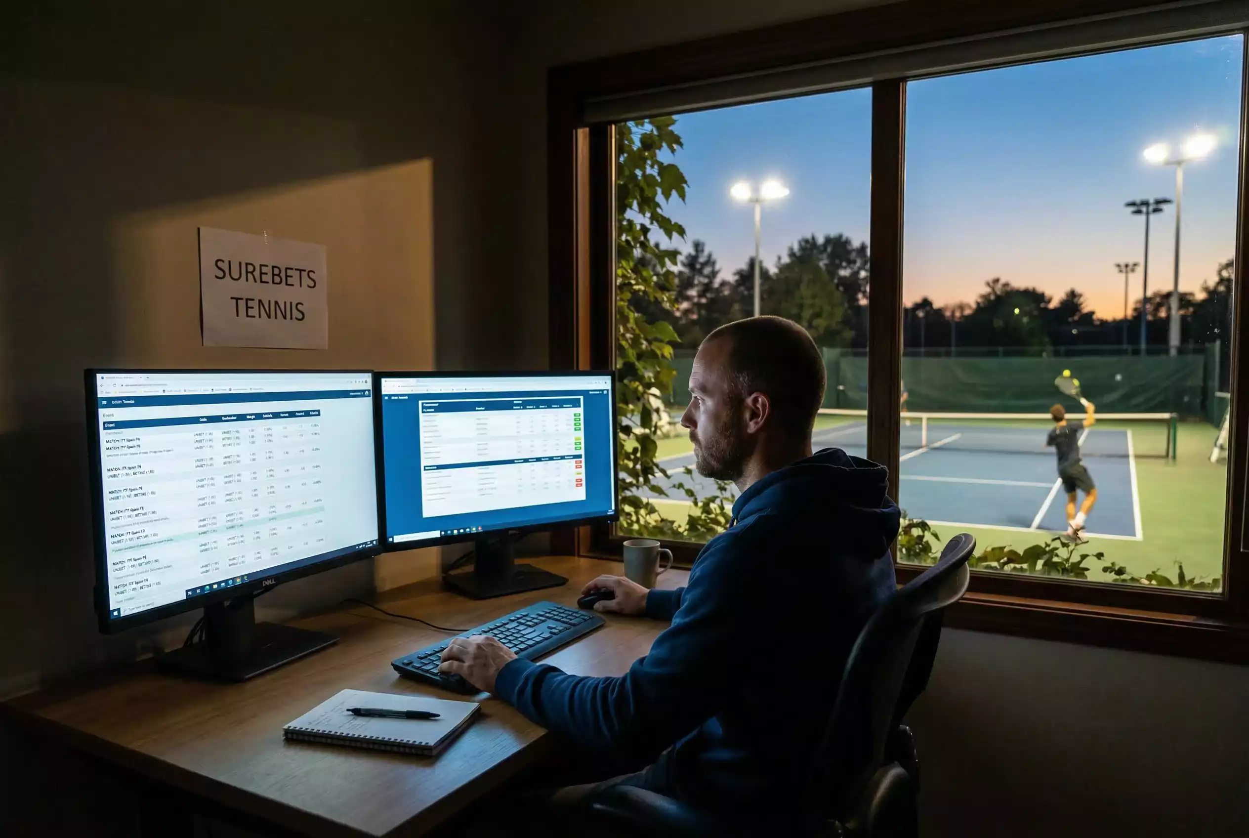 Person vergleicht zwei Bildschirme mit Sportdaten vor einem Tennismatch – Surebets Tennis