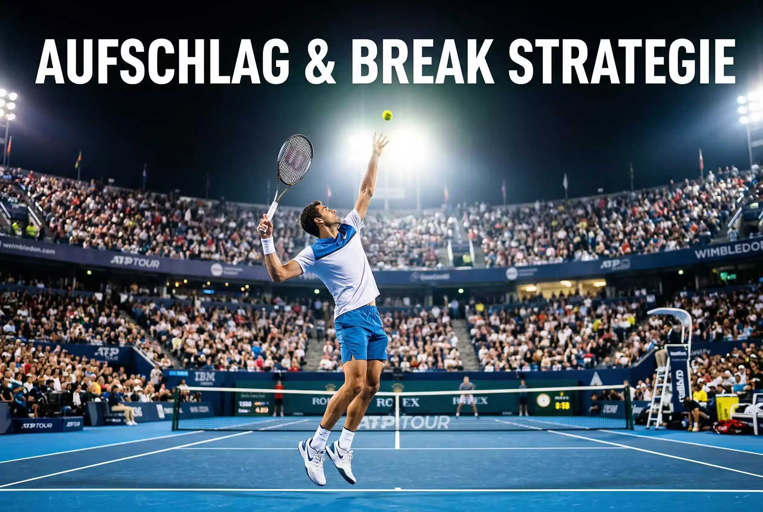 Tennisspieler beim kraftvollen Aufschlag auf Hartplatz – Aufschlag- und Break-Strategie