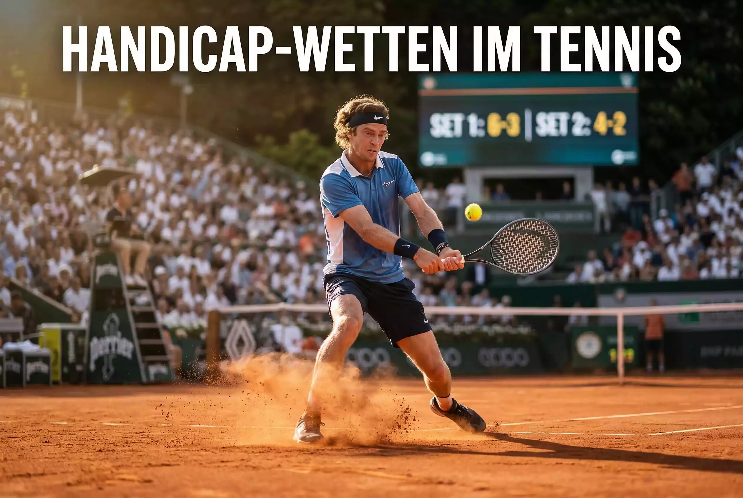 Tennisspieler schlägt Vorhand auf Sandplatz mit Anzeigetafel im Hintergrund – Handicap-Wetten im Tennis