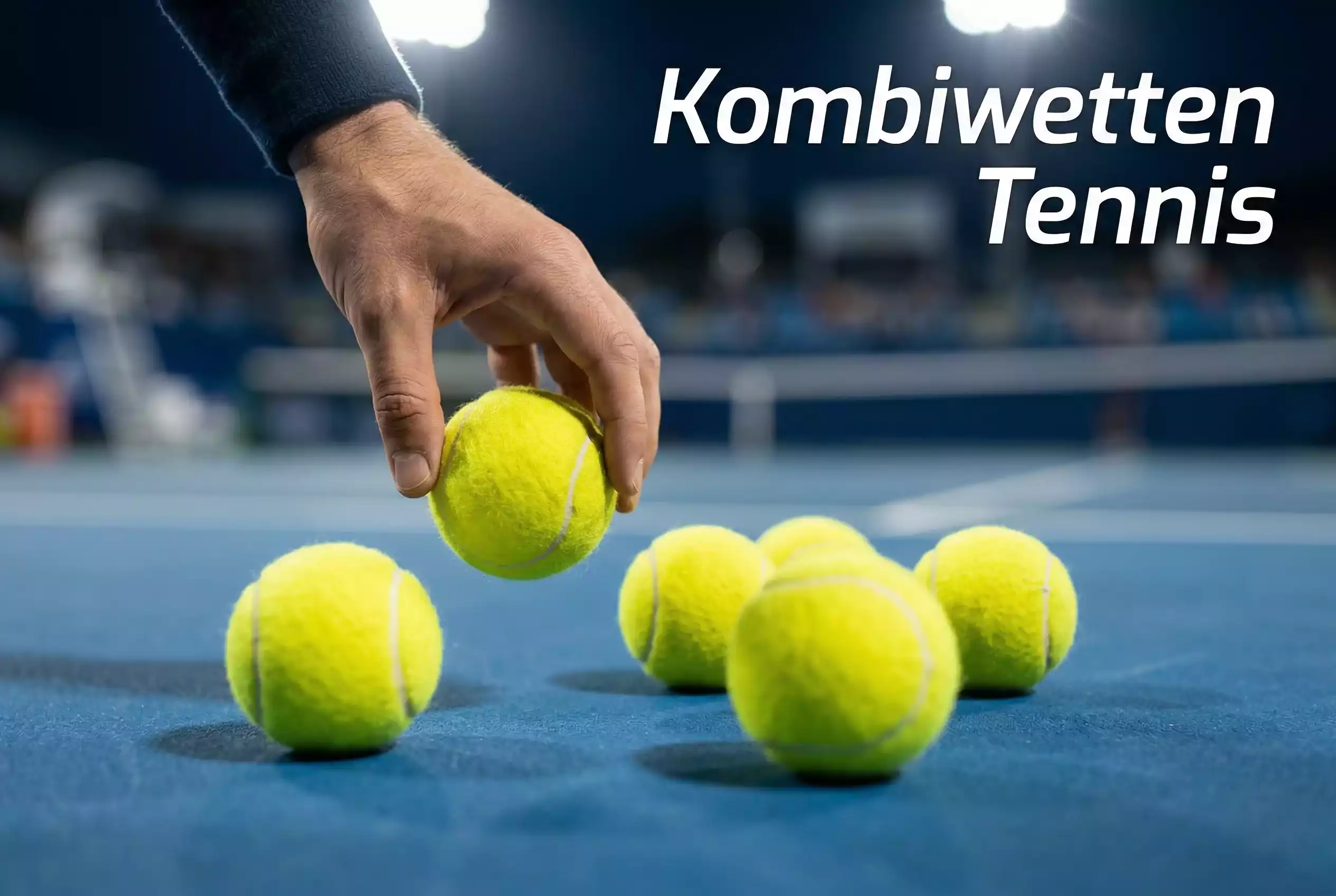 Mehrere Tennisbälle auf einem Platz mit einer Hand, die einen einzelnen Ball auswählt – Kombiwetten Tennis