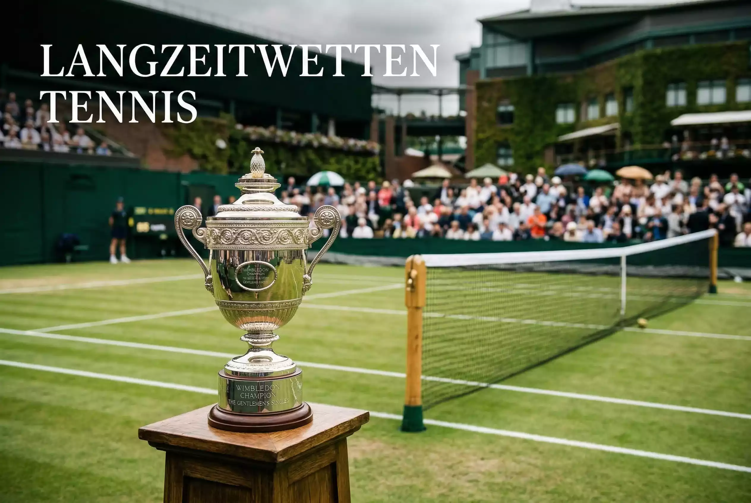 Pokal auf dem Centre Court mit unscharfen Zuschauern – Tennis-Langzeitwetten und Turniersieg