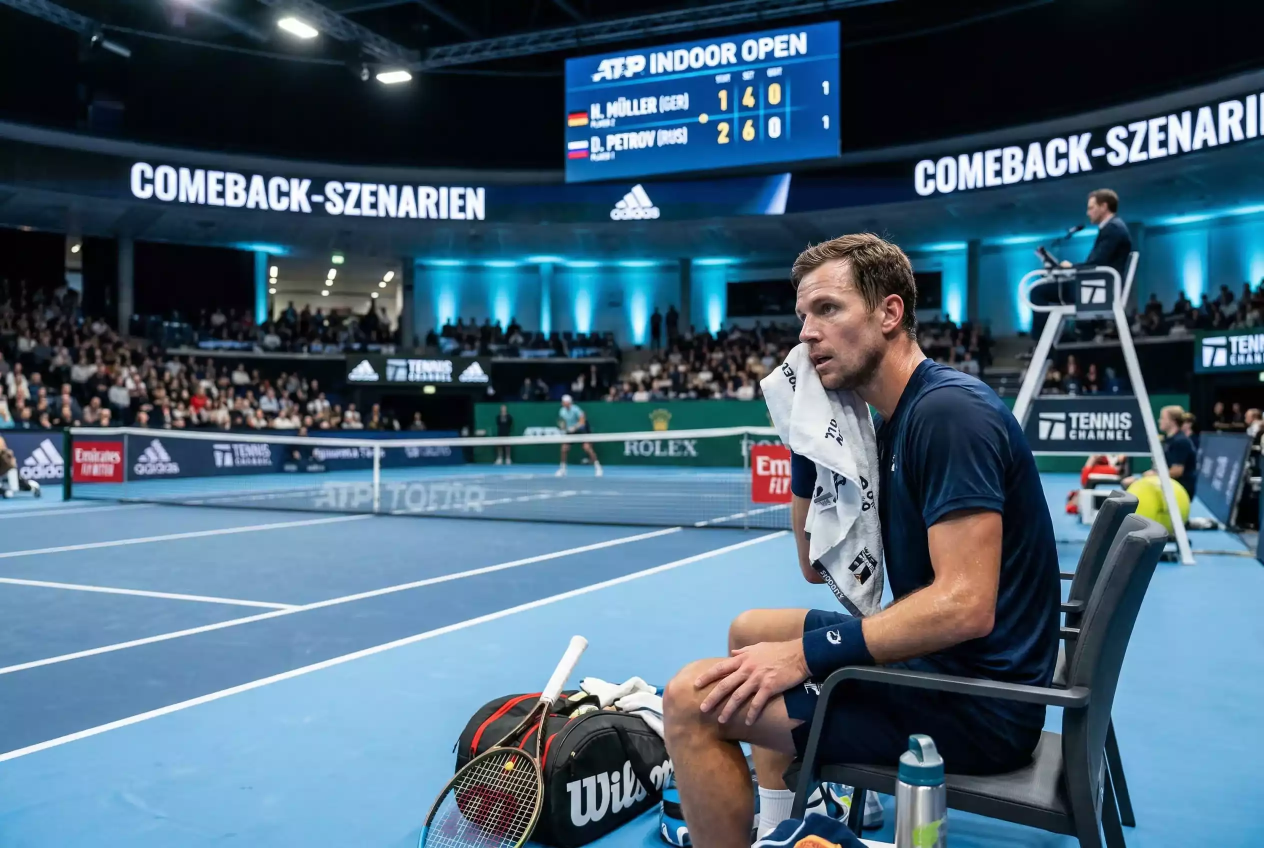 Tennisspieler wischt sich Schweiß ab und blickt konzentriert auf die Anzeigetafel – Favorit nach Rückstand