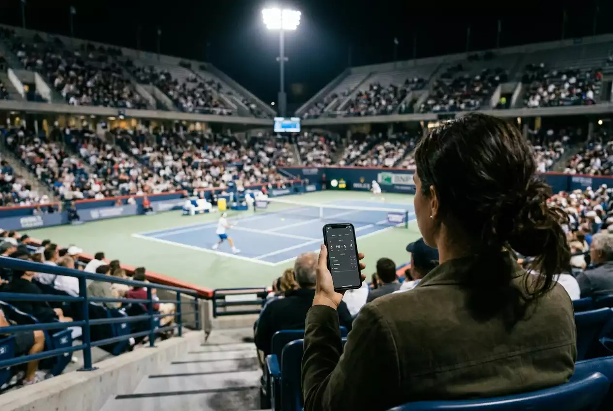 Tennis Live-Wetten — Zuschauer verfolgt ein Match auf dem Smartphone mit Echtzeit-Quoten