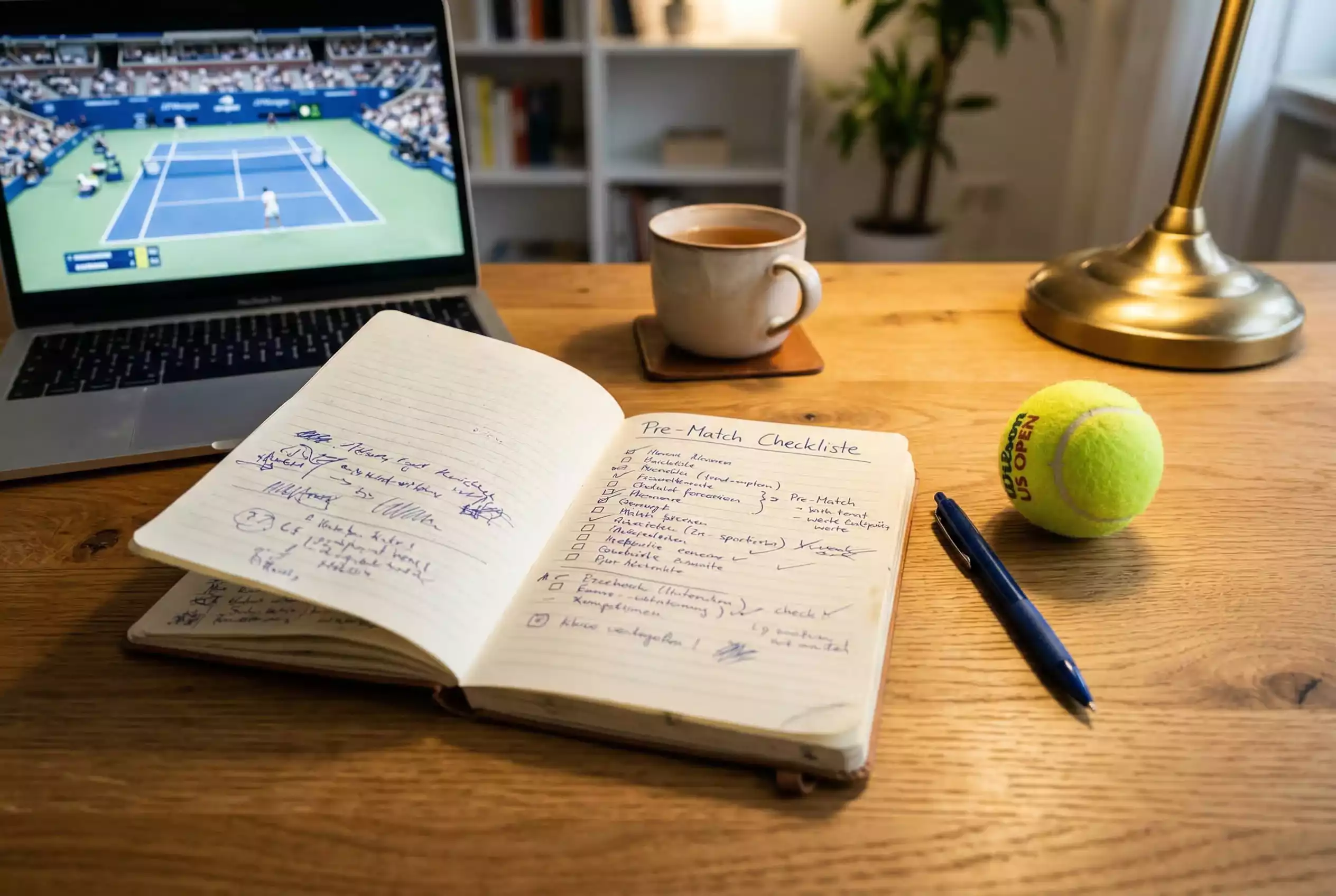 Aufgeschlagenes Notizbuch mit Checkliste und Stift neben einem Tennisball – Pre-Match-Analyse Tennis