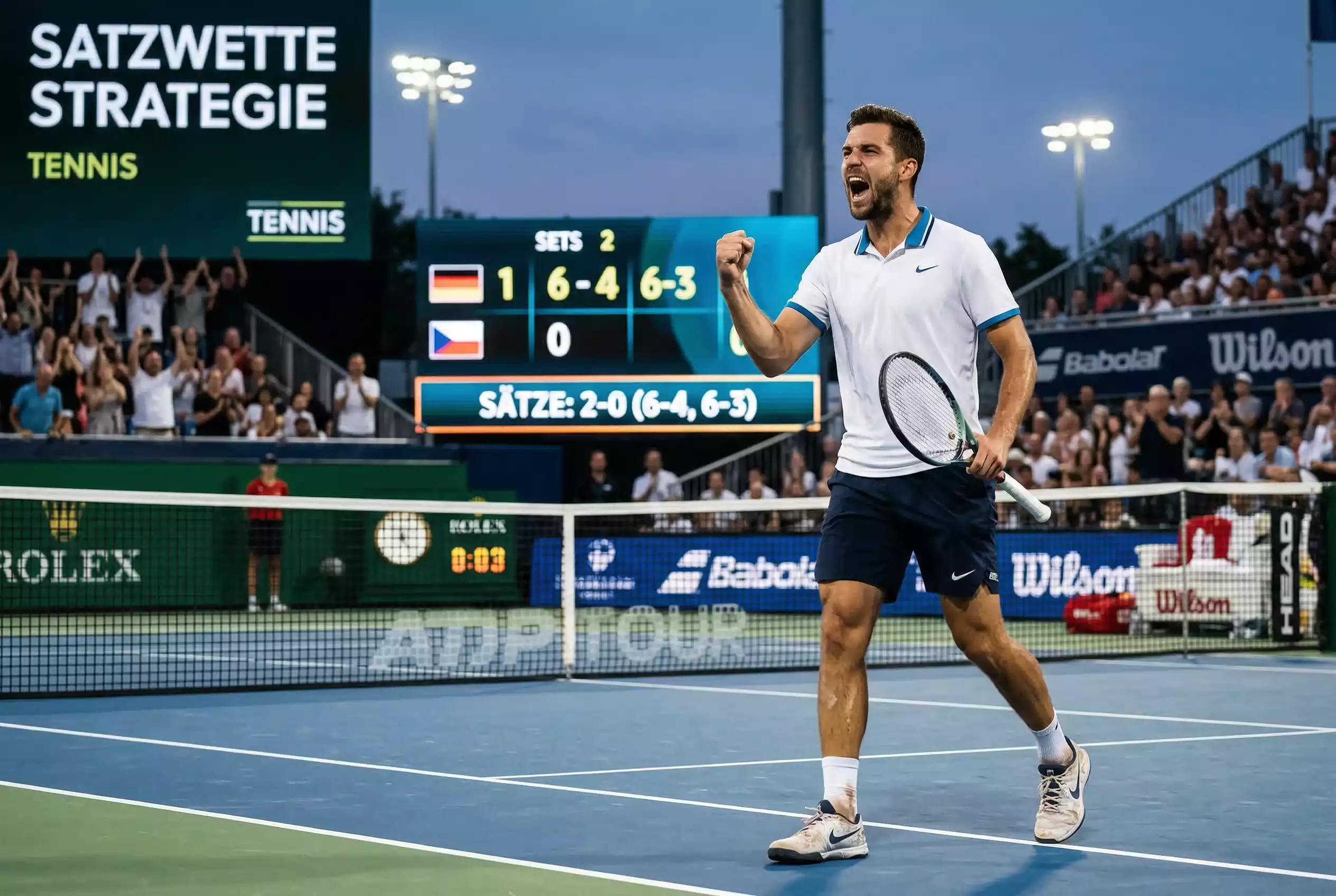 Tennisspieler feiert einen Satzgewinn auf dem Platz mit geballter Faust – Satzwette Strategie