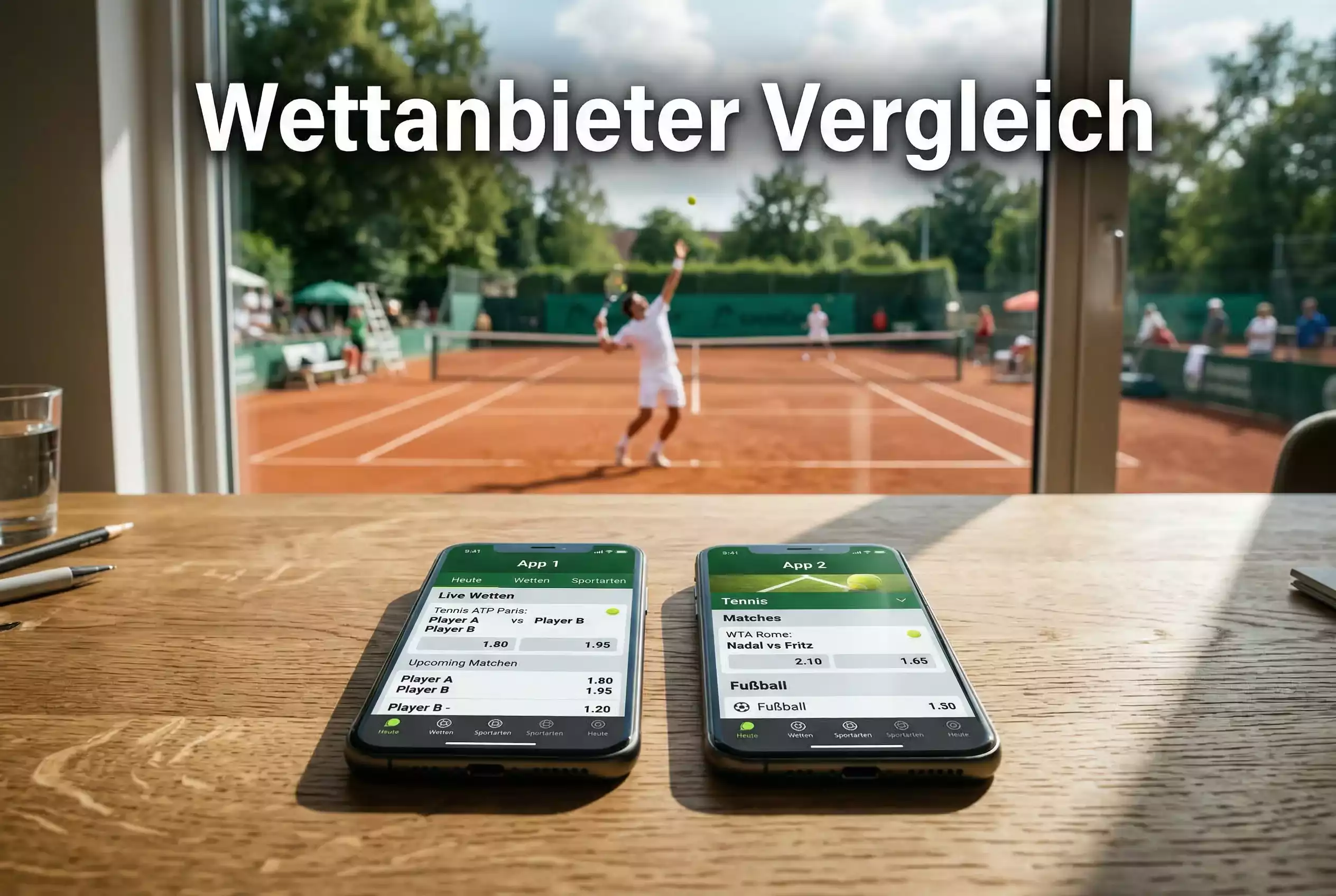 Zwei Smartphones nebeneinander mit Tennismatch im Hintergrund – Wettanbieter Vergleich Tennis