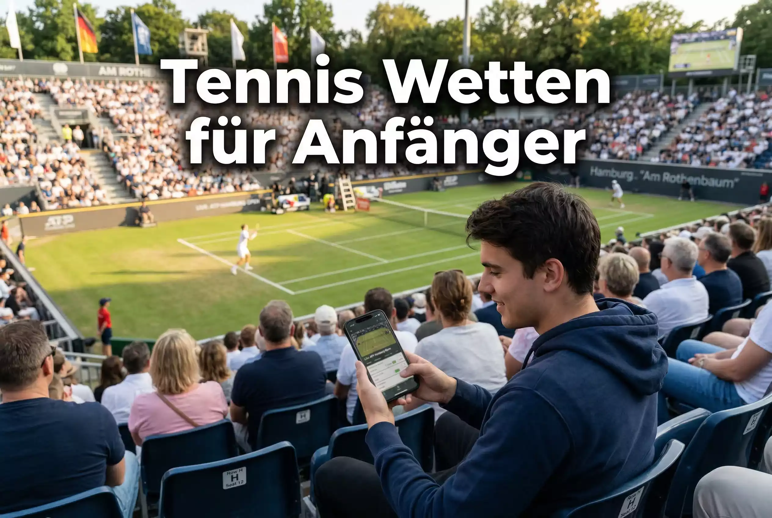 Person mit Smartphone in der Hand schaut ein Tennismatch auf dem Platz – Tennis-Wetten für Anfänger
