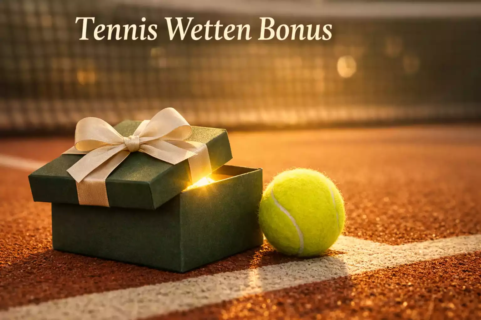 Geschenkbox mit Tennisball daneben auf grünem Hintergrund – Tennis Wetten Bonus