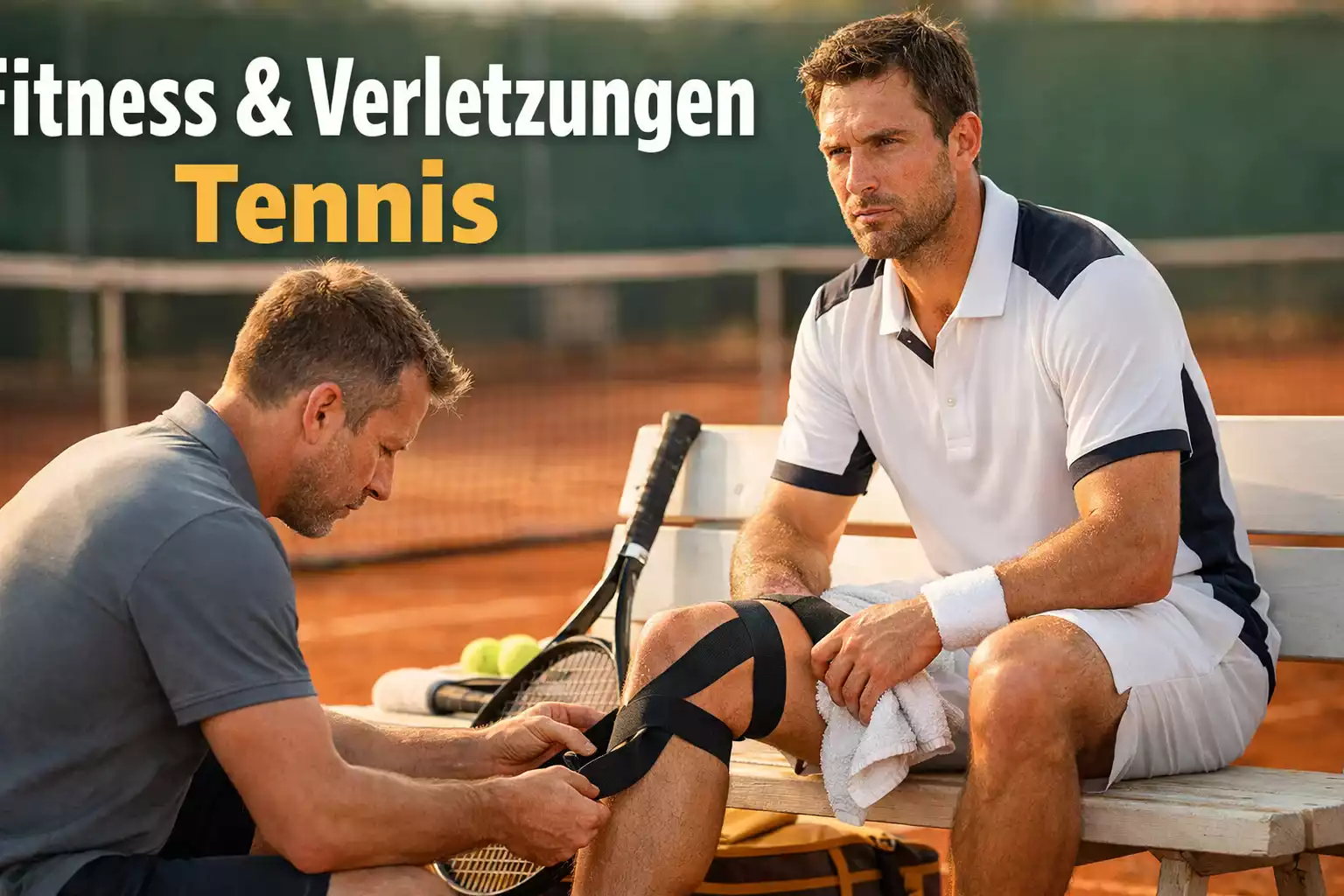 Tennisspieler lässt sich am Knie vom Physiotherapeuten behandeln – Fitness und Verletzungen bei Tennis-Wetten