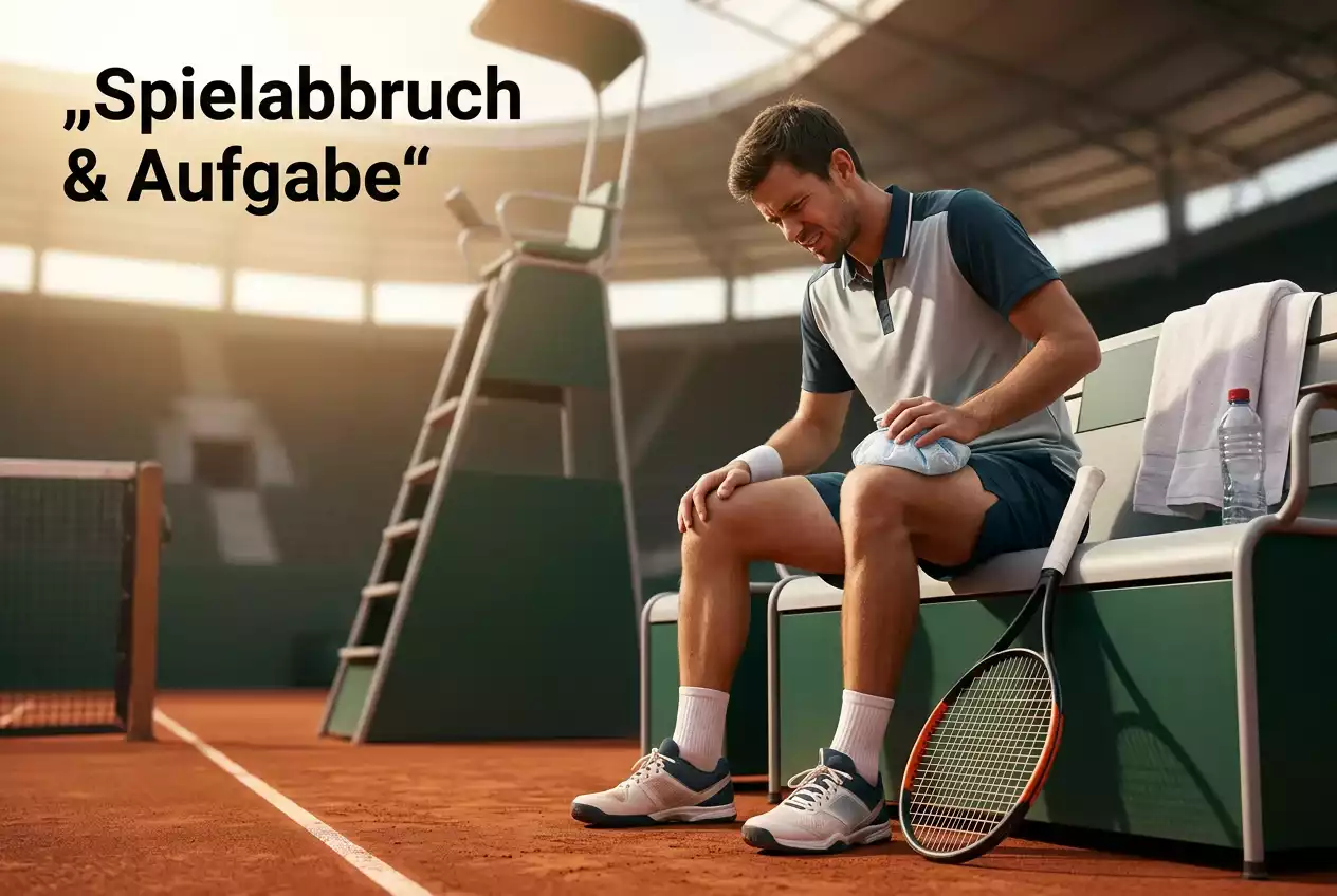 Tennis Spielabbruch – Spieler sitzt auf der Bank und hält sich das Knie