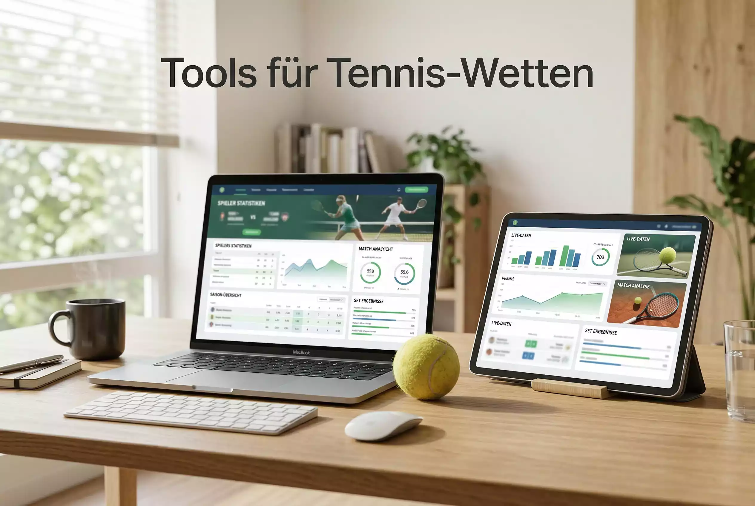 Laptop und Tablet auf einem Schreibtisch mit Tennisstatistiken – Tools für Tennis-Wetten