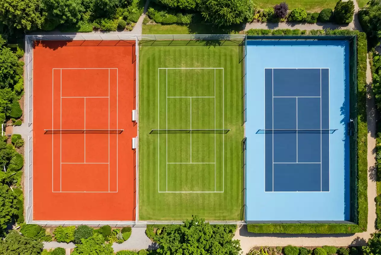 Drei Tennis-Beläge im Vergleich — Sandplatz, Rasen und Hartplatz mit unterschiedlichen Spieleigenschaften
