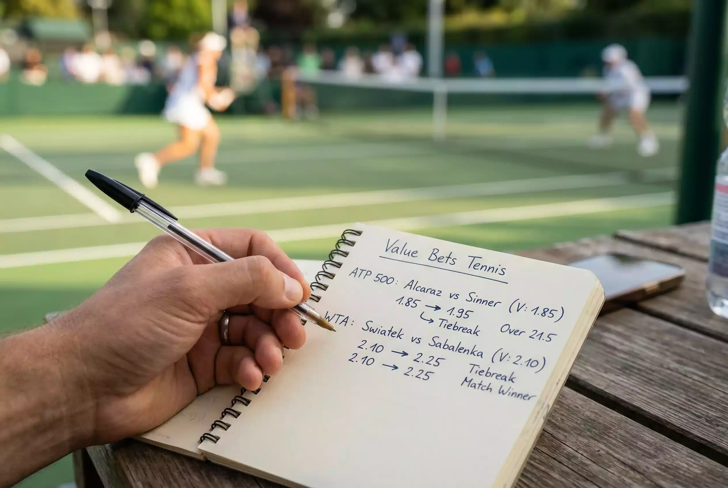 Nahaufnahme einer Hand mit Notizbuch und Stift vor einem Tennismatch – Value Bets Tennis finden