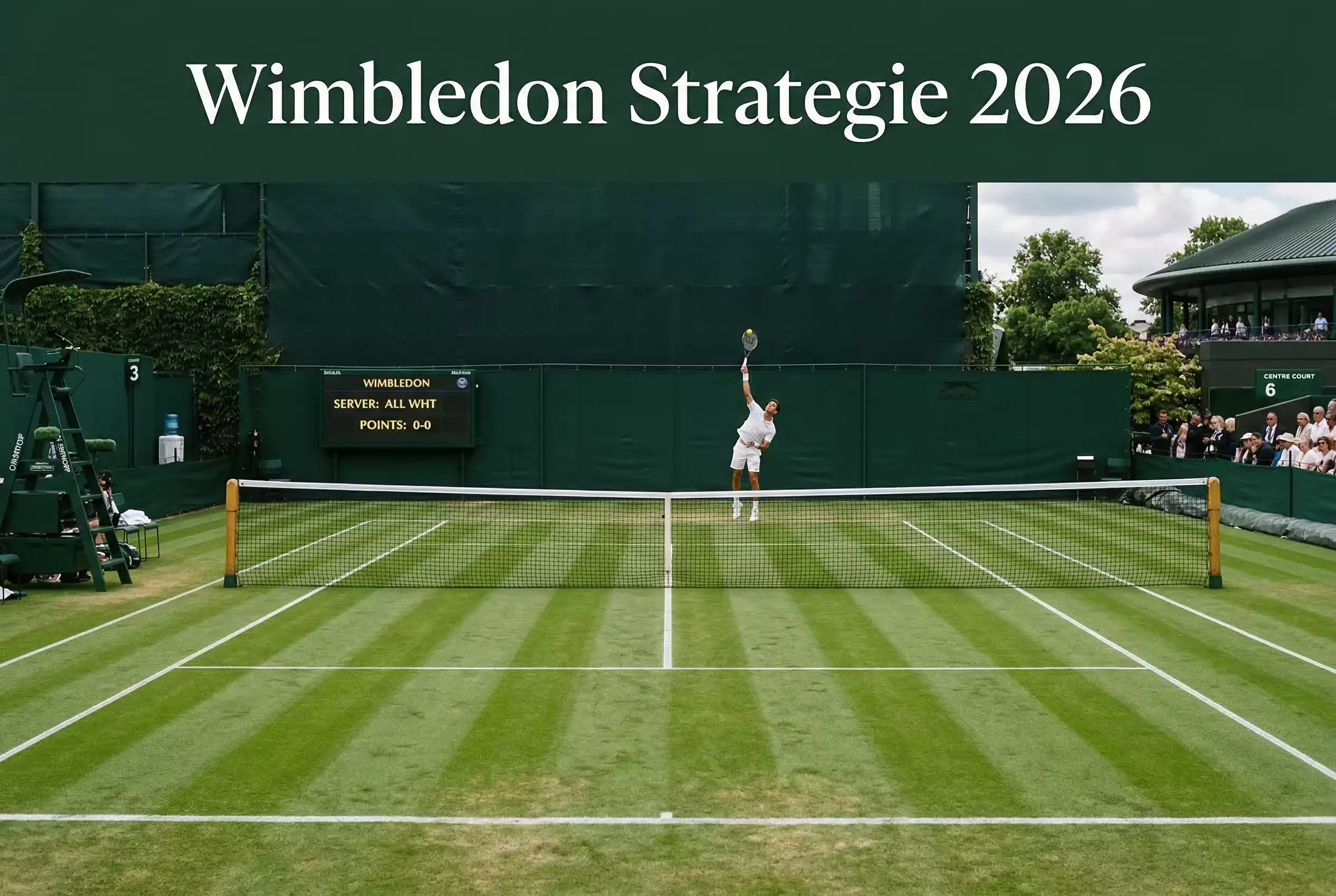 Grüner Rasenplatz mit weißen Linien und Tennisnetz im Wimbledon-Stil – Wimbledon Wetten Strategie